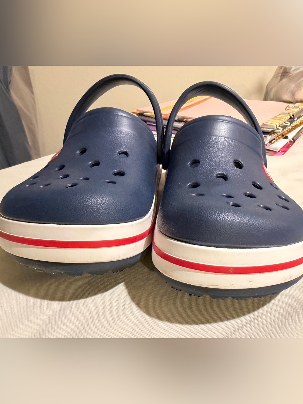 CROCS Kids Clogs Navy Blue with White and Red Trim Size J2